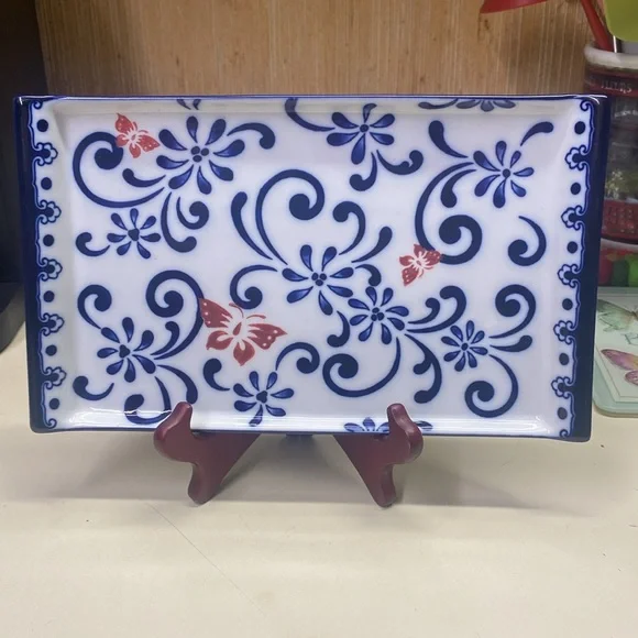 Pier 1 Butterfly Blossom Hand Painted Glass Porcelain Serving Tray Platter - Picture 11 of 11